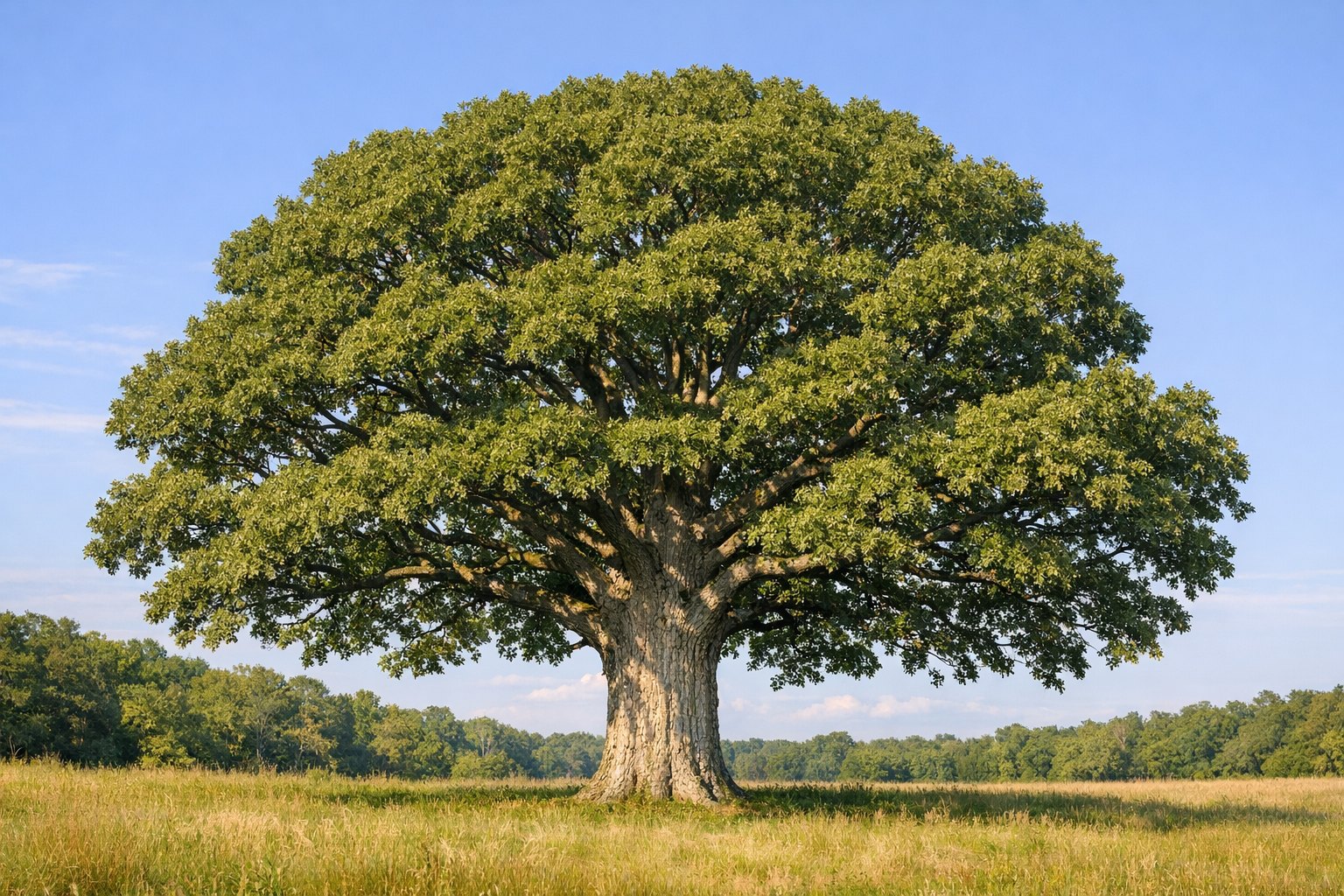 A mature White Oak (Quercus alba) with a broad leafy canopy in an eastern U.S. hardwood forest