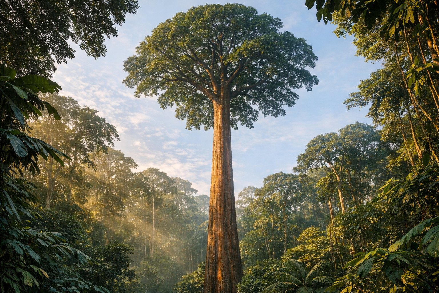 Sapele tree (Entandrophragma cylindricum) towering in a West African rainforest