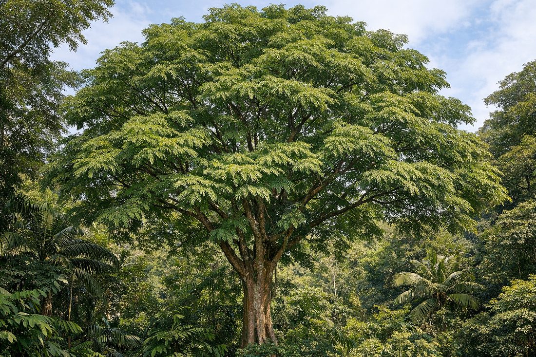Spanish Cedar (Cedrela odorata) tree with its pinnate green canopy against a tropical sky