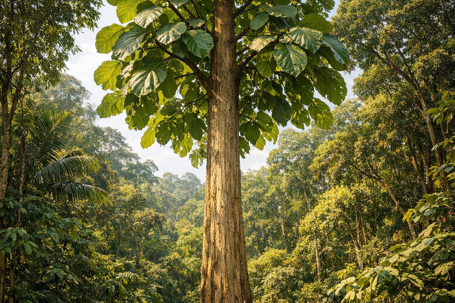 Teak tree (Tectona grandis) with large broad leaves in a Southeast Asian monsoon forest