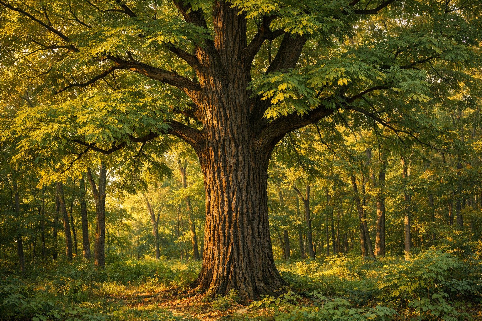 American Black Walnut tree (Juglans nigra) with a spreading canopy in a Midwestern forest