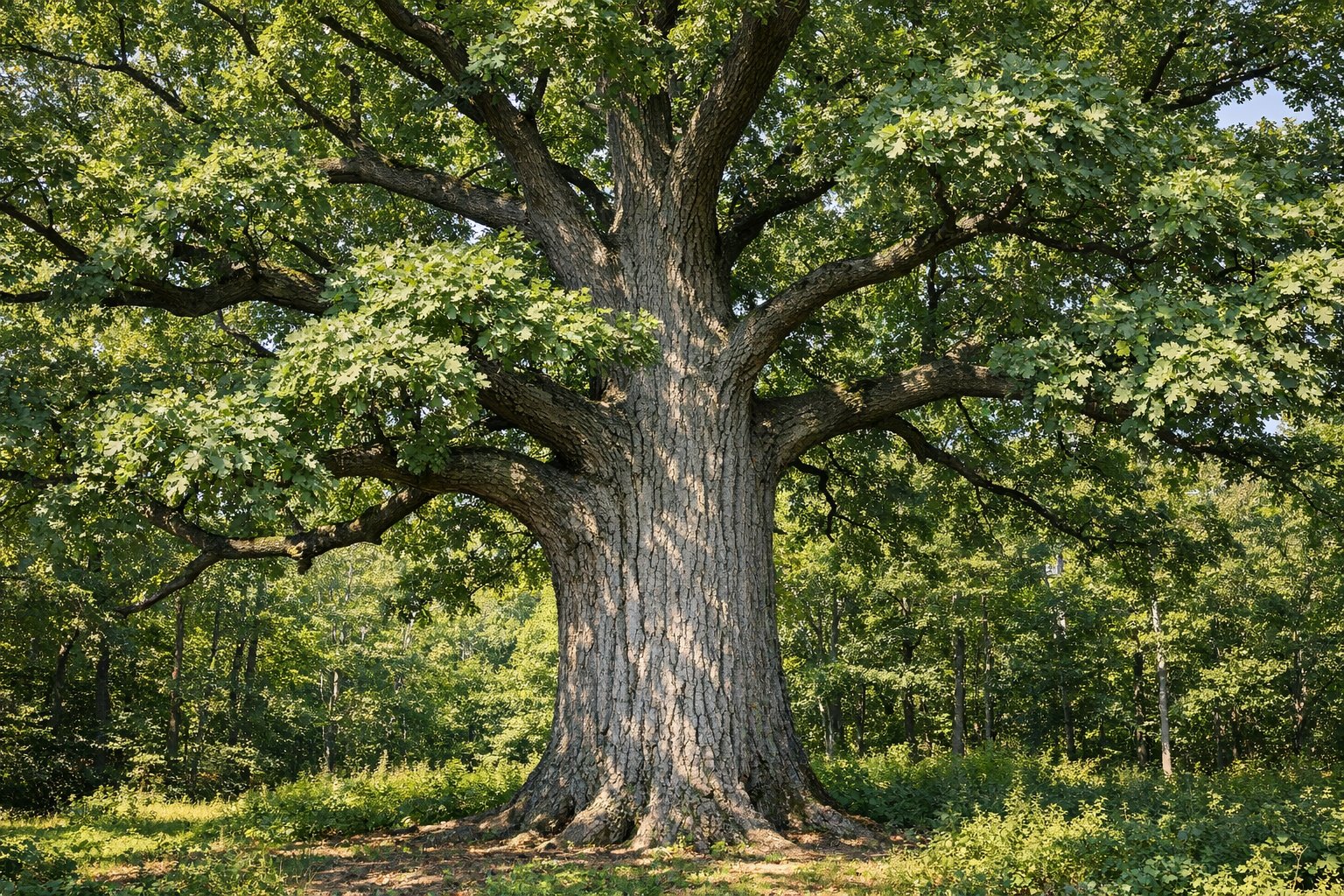 White Oak tree (Quercus alba) with a broad canopy in an eastern U.S. hardwood forest